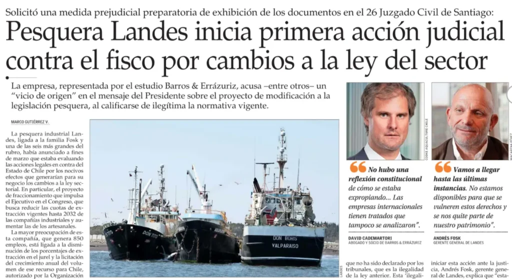 • Pesquera Landes inicia primera acción judicial contra el fisco por cambios a la ley del sector.