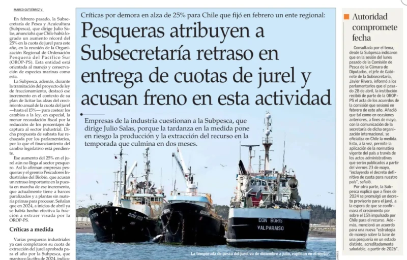 • Pesqueras atribuyen a Subsecretaría retraso en entrega de cuotas de jurel y acusan freno en esta actividad.