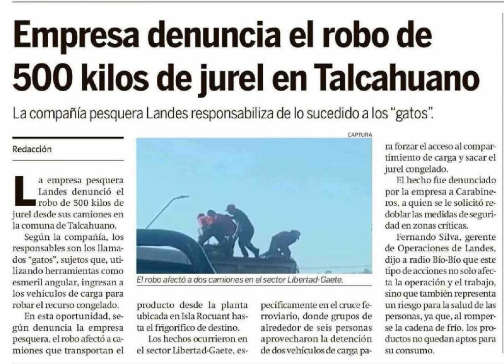 • Empresa denuncia el robo de 500 kilos de jurel en Talcahuano. Hoy x Hoy