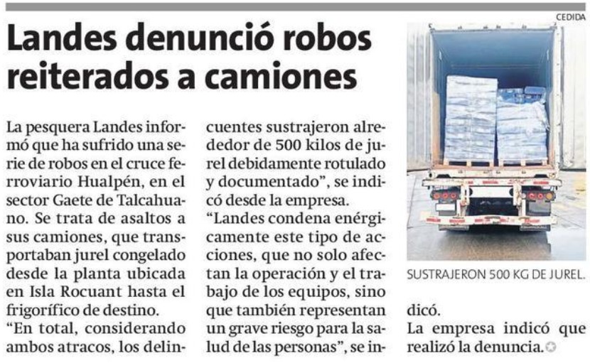 Landes denunció robos reiterados a camiones