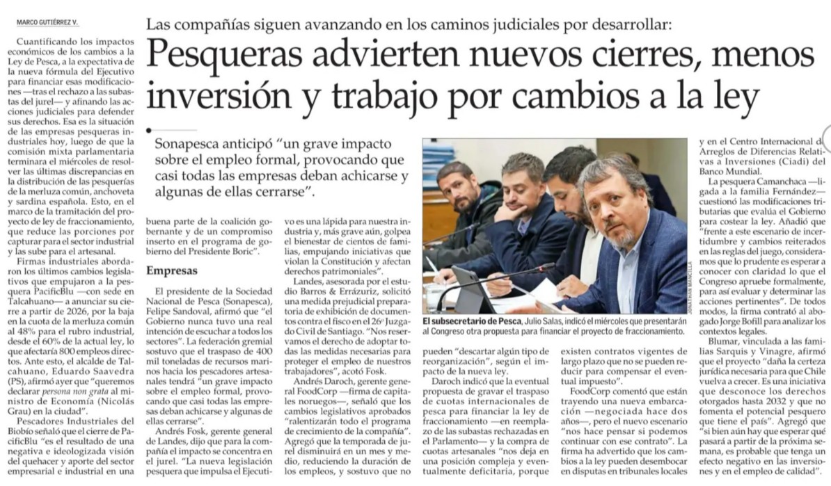 • Pesqueras advierten nuevos cierres, menos inversión y trabajo por cambios a la ley. El Mercurio